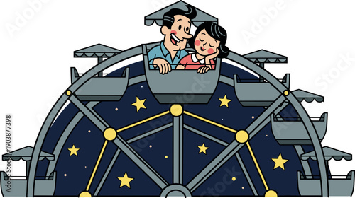 Couple riding on a ferris wheel at night with stars