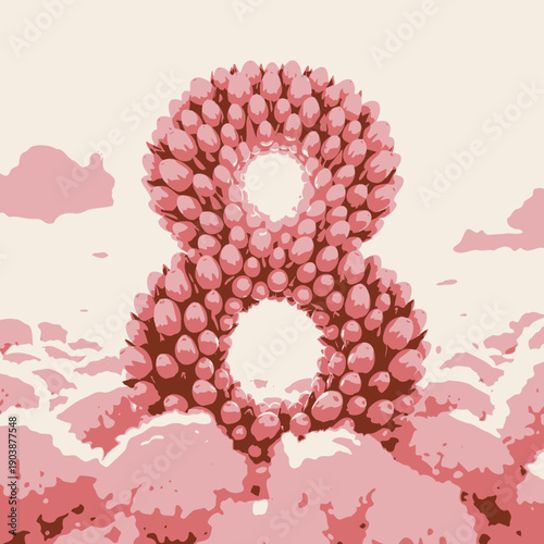 Radiant Tulip Number Eight Surrounded by Fluffy Clouds in a Dreamlike Pink and White Sky at Sunrise Creating a Serene and Imaginative Scene