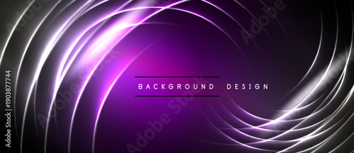 Dark purple background features swirling light lines. Bright center draws attention, creating dynamic visual effect. Modern design element.