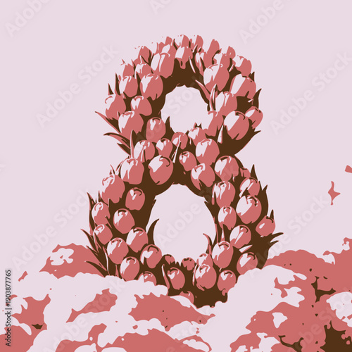 Pink tulip floral arrangement shaped like the number eight surrounded by fluffy pink clouds against a pastel sky background symbolizing creativity and beauty