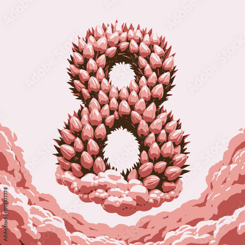 Floral Number Eight Shaped With Pink Tulips Surrounded by Puffy Clouds and Soft Sky Displaying Unique Nature-Inspired Creativity and Design Elegance