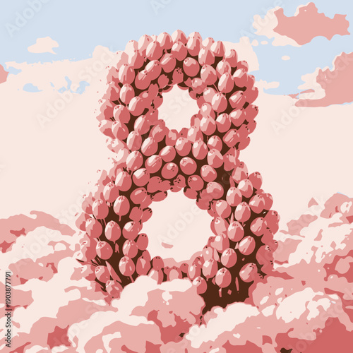 Vibrant Arrangement of Pink Tulips Forming the Number Eight Surrounded by Fluffy Clouds Against a Pastel Sky