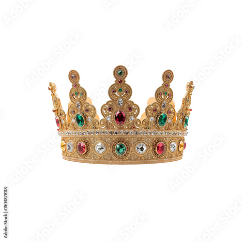 Gold Crown With Colorful Gems Displayed on a Plain Background During the Day
