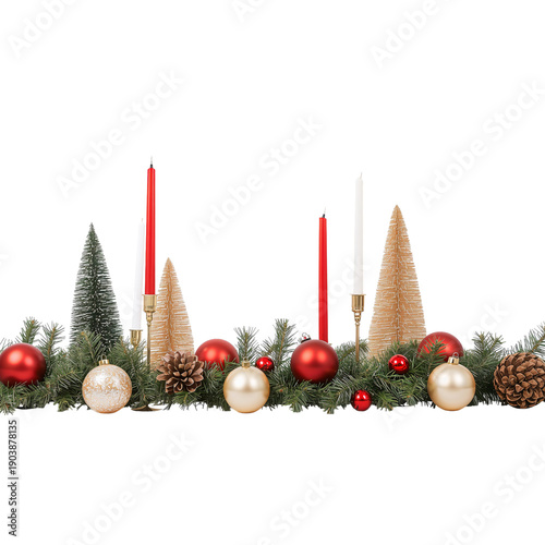 Decor With Red and Gold Ornaments and Candles on a Table for the Holiday Seas...