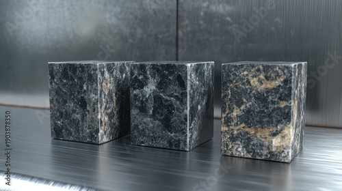 Three polished onyx cubes with sharp edges precisely arranged on a reflective surface displaying natural stone textures