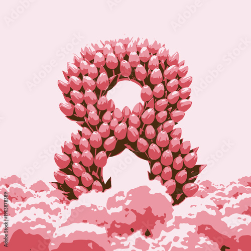 Vibrant Eight Composed of Pink Tulips Surrounded by Fluffy Clouds in a Dreamy Pastel Sunset Sky