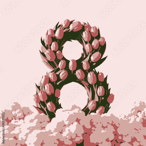 Surreal Floral Artistry: A Magnificent Number Eight Sculpted with Lush Pink Tulips Amidst a Dreamy Setting of Soft Clouds and Pastel Hues