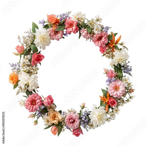 Colorful Floral Wreath With Eggs for Spring Celebration on a White Background