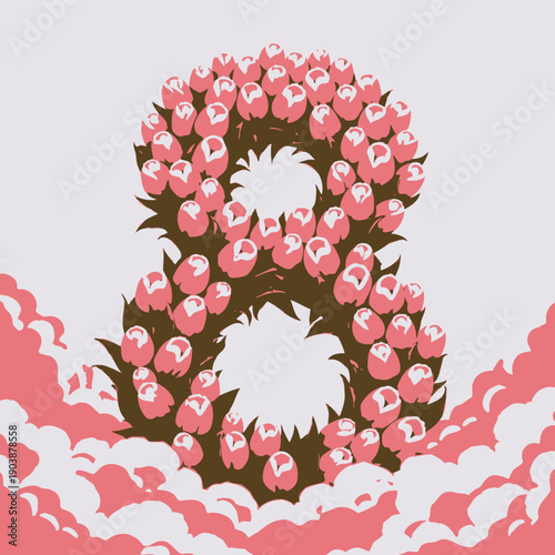 Stylized floral number eight composed of vibrant pink tulips surrounded by fluffy clouds and a serene blue sky background, symbolizing nature and creativity