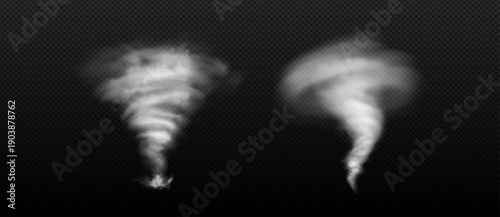 Realistic white wind swirl and tornado vortex effects, isolated on transparent background for motion and weather design.