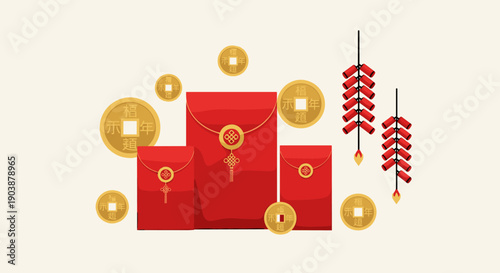 Red envelopes lucky gold coins and firecrackers illustration for lunar new year celebration, a set of traditional festive symbols for prosperity and good fortune on a light background