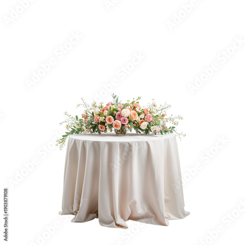 Floral Arrangement on a Round Table With White Tablecloth in a Simple Setting