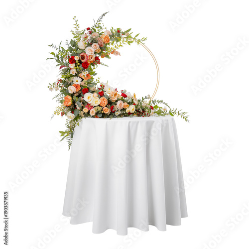 Floral Arrangement on a Round Table With White Tablecloth in a Simple Setting