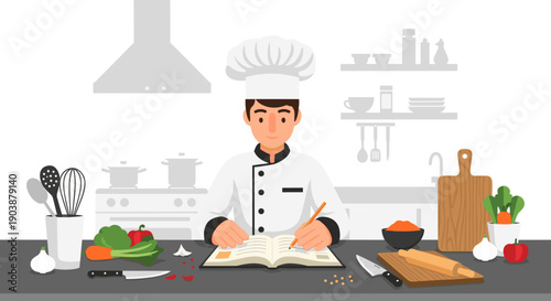Professional male chef in a white uniform writing a new recipe in a cookbook at a kitchen counter surrounded by fresh vegetables and cooking utensils, flat vector illustration