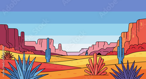 Colorful desert canyon landscape with saguaro cacti and agave plants in a vibrant, flat vector illustration style with bold outlines and a clear sky