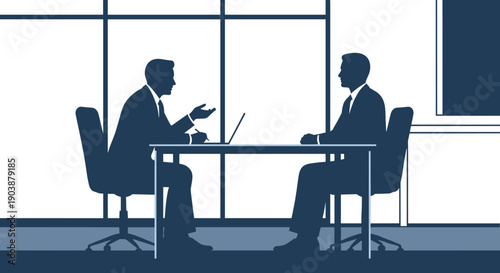 Two businessmen silhouettes sitting at a desk having a serious conversation in a modern office with a large window, representing a job interview or corporate negotiation