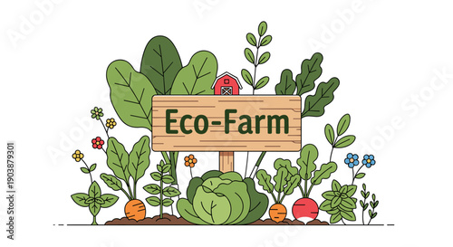 Wooden sign with the text Eco-Farm is surrounded by fresh vegetables and flowers in a charming garden illustration representing organic agriculture and local farming, isolated on white