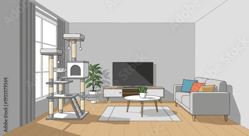 Modern living room interior vector illustration with a large cat tree, comfortable sofa, television, and coffee table in a cozy, sunlit apartment with a large window