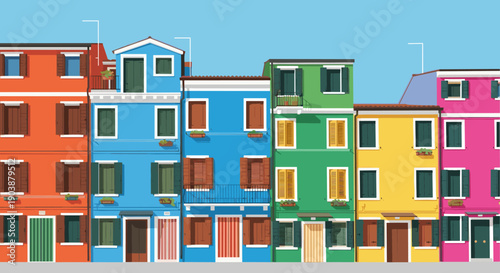 Row of colorful European style houses with vibrant facades, shutters, and balconies in a flat vector illustration against a clear blue sky background