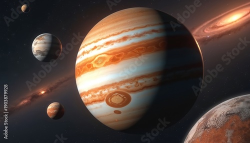 Giant Jupiter with moons orbits in cosmos. Other planets, galaxies, nebulae, and stars fill dark, starry, deep space. Celestial bodies drift near giant gas planet.