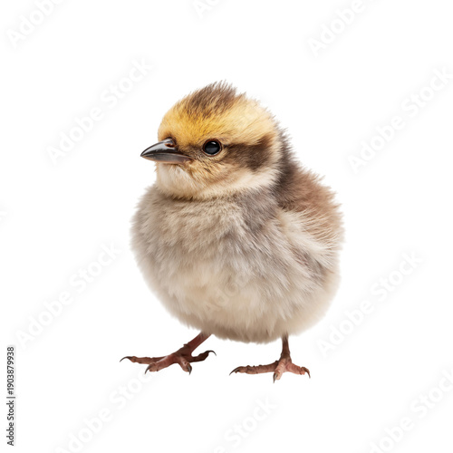 Small Bird Standing on a White Background With Soft Feathers and a Round Body