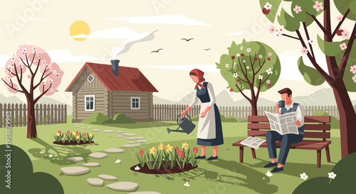 Woman in an apron watering flowers while a man reads a newspaper on a bench in a serene garden with a rustic log cabin and blooming trees on a sunny spring day