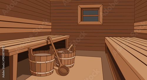 Traditional wooden sauna room interior with benches, buckets, and ladles for a relaxing wellness experience, illustrated in a clean cartoon style with warm brown tones