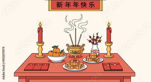Traditional Lunar New Year offering table illustration with burning incense, candles, oranges, cakes, and red envelopes under a festive banner