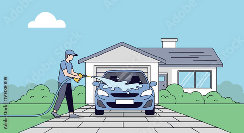 Man washing a blue car with a high-pressure water hose in the driveway of a suburban home, a simple flat vector illustration of a domestic chore on a clear day