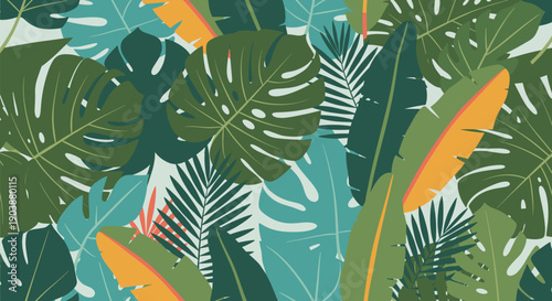 Seamless pattern of tropical jungle leaves illustration with monstera, palm, and banana foliage in a modern flat design style, creating a dense and exotic botanical background