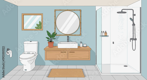 Hand-drawn modern bathroom interior illustration with a glass shower, wooden vanity with vessel sink, smart toilet, and natural decor like a plant and bamboo mirror