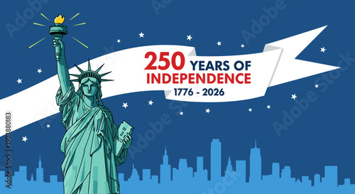 Patriotic graphic celebrating 250 years of independence featuring the Statue of Liberty, a city skyline, and a white ribbon banner on a dark blue starry background