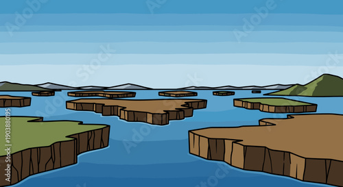 Cartoon style illustration of floating islands with brown cliffs and green tops drifting in a calm blue sea under a clear sky with distant mountains on the horizon