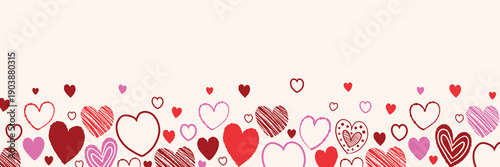 Banner with cute cartoon floating hearts. Background with hand drawn shapes. Doodles. Design for Valentine’s Day, Mother’s Day and Women’s Day. Vector illustration