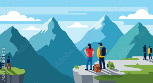 Groups of hikers with backpacks standing on a cliff edge admiring the scenic mountain range landscape on a sunny day, a flat vector illustration of travel and adventure