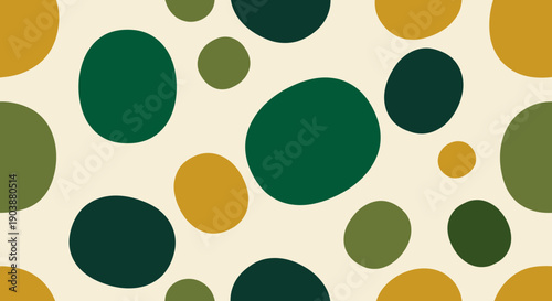Abstract seamless pattern with organic hand-drawn shapes in earthy tones of green and mustard yellow, creating a minimalist modern design on a light cream background
