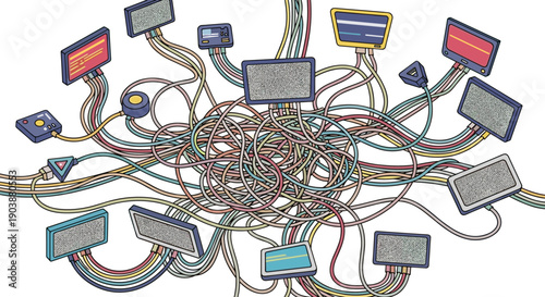 Complex tangle of colorful retro wires and cables connecting to various vintage electronic screens and monitors, creating a chaotic network isolated on a white background