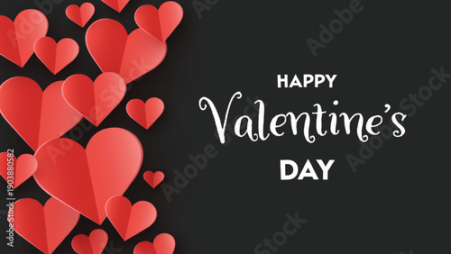 Happy Valentine’s Day greeting card with flying paper cut hearts. Vector illustration