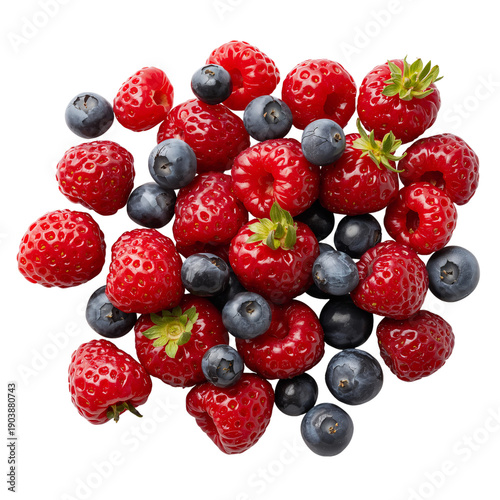Fresh Berries on a White Background Showing a Mix of Strawberries and Blueber...