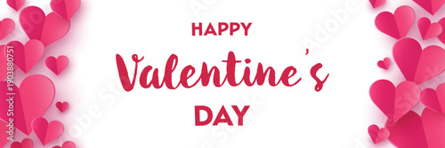 Valentine’s Day banner with floating paper cut hearts. Abstract background design. Vector illustration