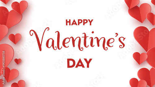 Valentine’s Day greeting card with floating paper cut hearts. Abstract background design. Vector illustration