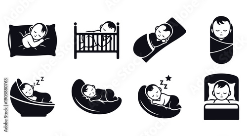 Collection of baby sleeping icons in various positions and cradles