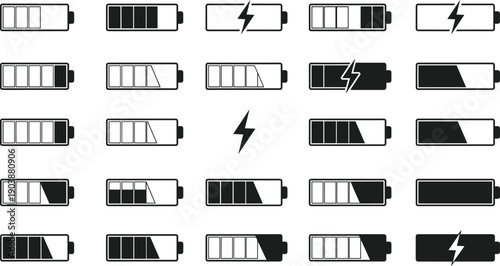 Battery icons set, charging symbols, power level indicators, energy storage, electricity status, mobile device UI, vector design illustration, technology