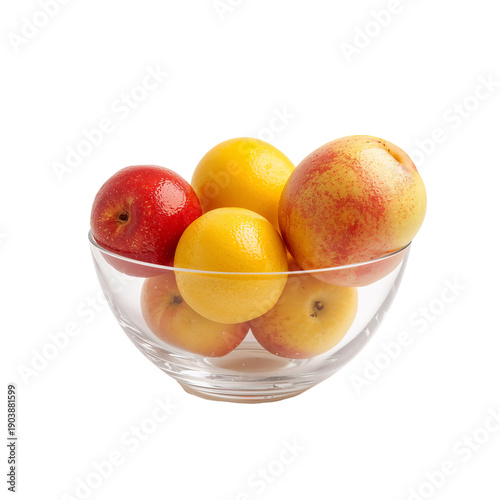 Colorful Fruits in a Glass Bowl on a White Background Displaying Red and Yell...