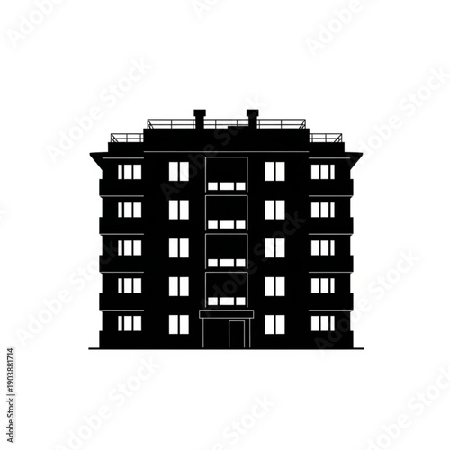 A black silhouette of a multistory building with many windows and balconies on a flat roof