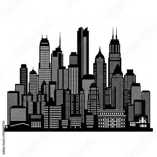 Black and white cityscape silhouette with skyscrapers and buildings