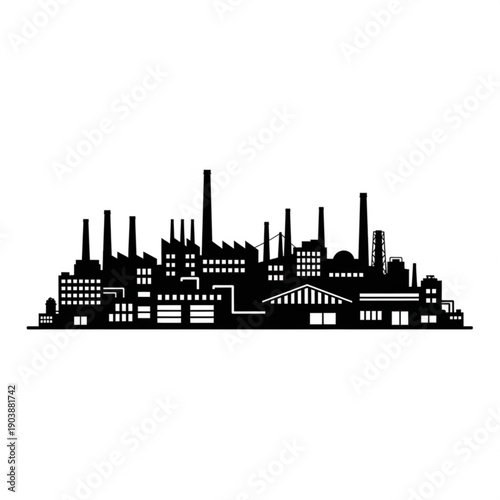 Black silhouette of a city skyline with buildings and smokestacks