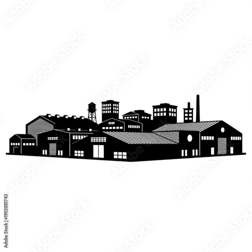 A black and white illustration of an industrial complex with buildings