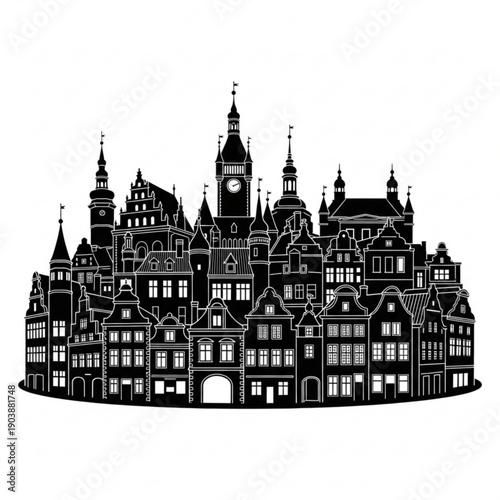 A black and white illustration of a large ornate building complex