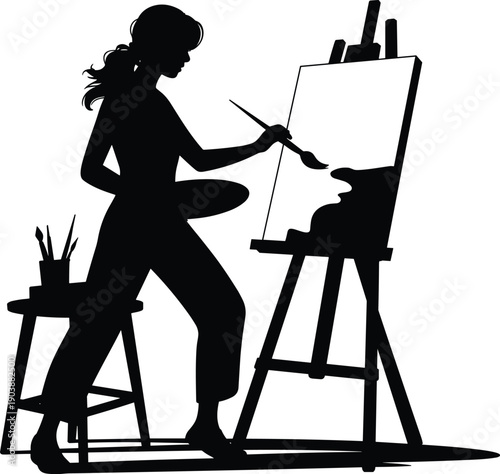 Artist painting silhouette illustration, woman painter working on canvas with easel, creative art studio concept, black and white vector design